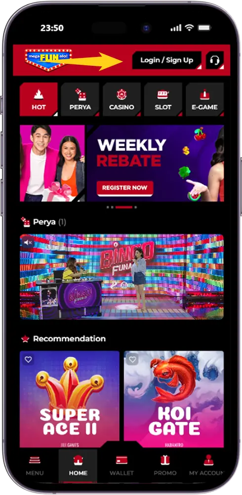 MegaFUNalo Login Button on Homepage and Mobile App